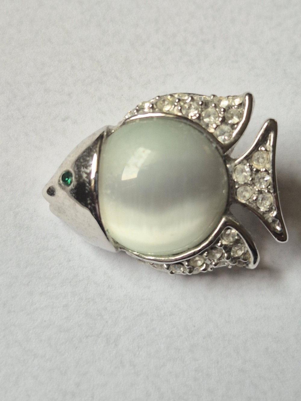 Vintage Silver Tone Fish Brooch Luminous Moonstone Glass Cabochon
